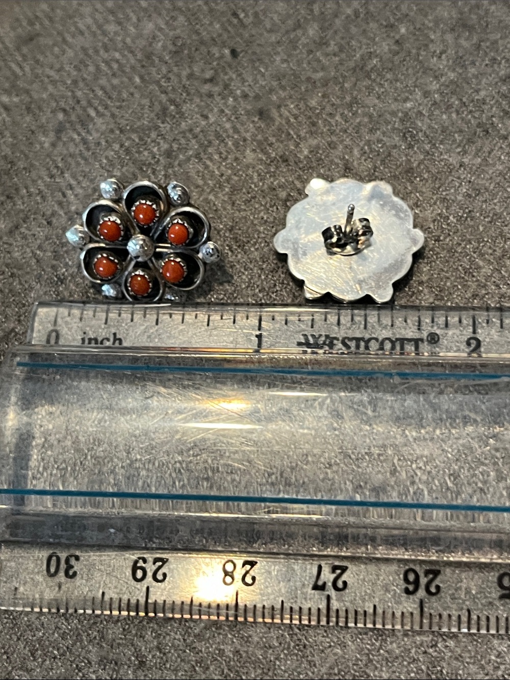 Zuni Red Coral Sterling Rosette Earrings - Picture 7 of 7